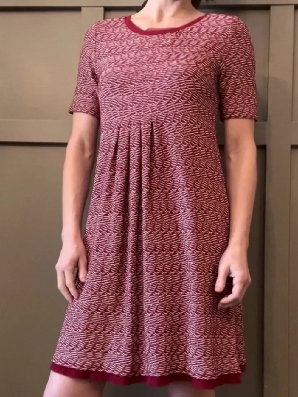 Anthropologie Maeve Dora Dress Textured Red Short Sleeve Pleated Size Small
